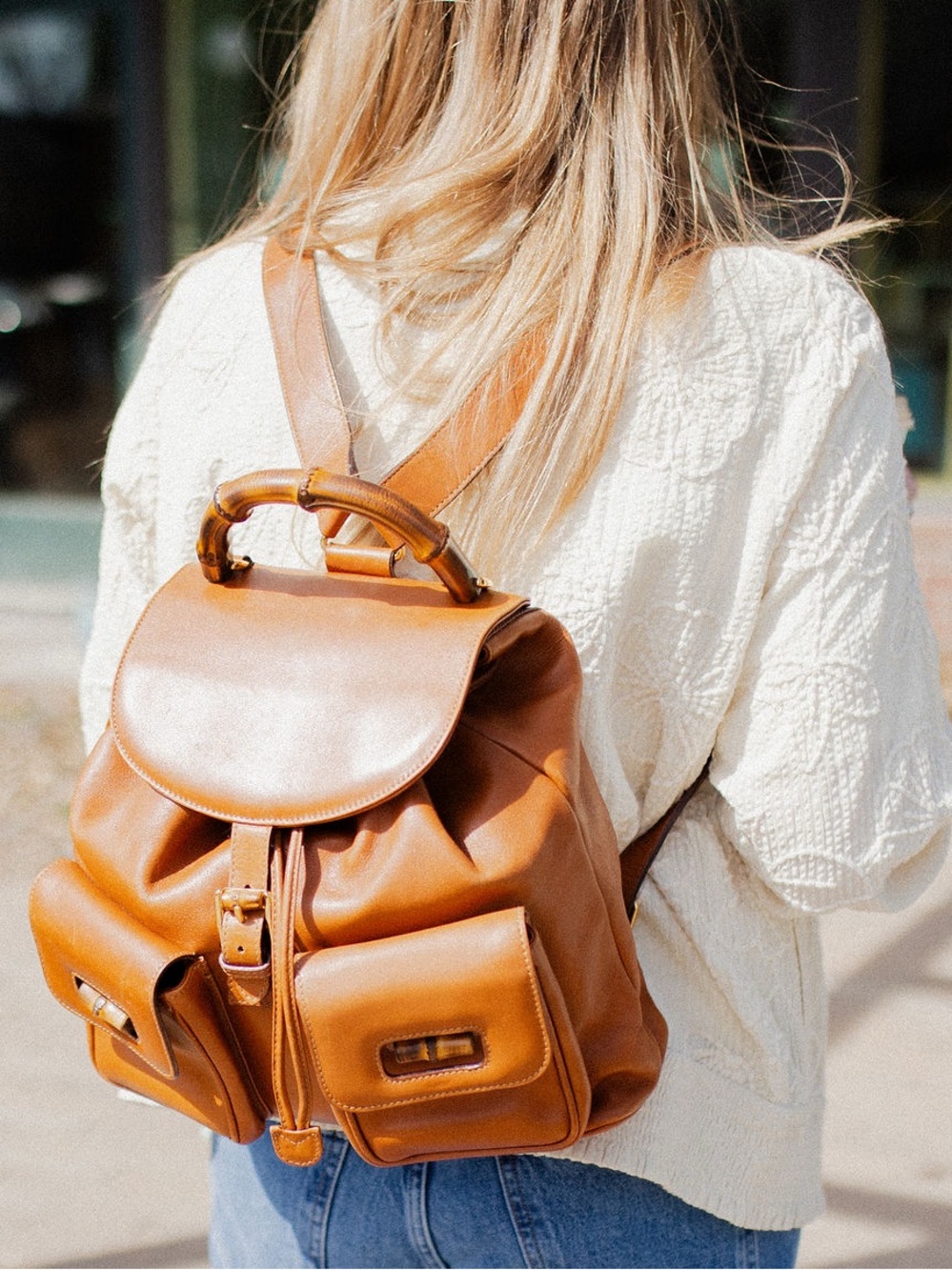 Gucci Tan Leather Bamboo-Handle Backpack